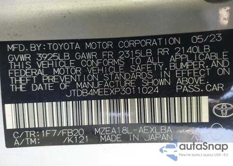 2023 Toyota Corolla Le z USA, uszkodzony, nr VIN JTDB4MEEXP3011024